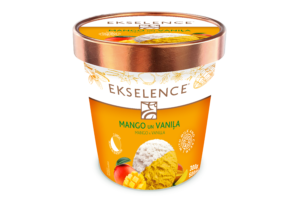Mango sorbet with mango filling and vanilla ice cream