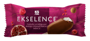 Vanilla flavoured ice cream with raspberry-pomegranate sauce and milk chocolate flavoured coating