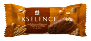 Peanut ice cream with peanut butter sauce, peanuts and milk chocolate flavoured coating